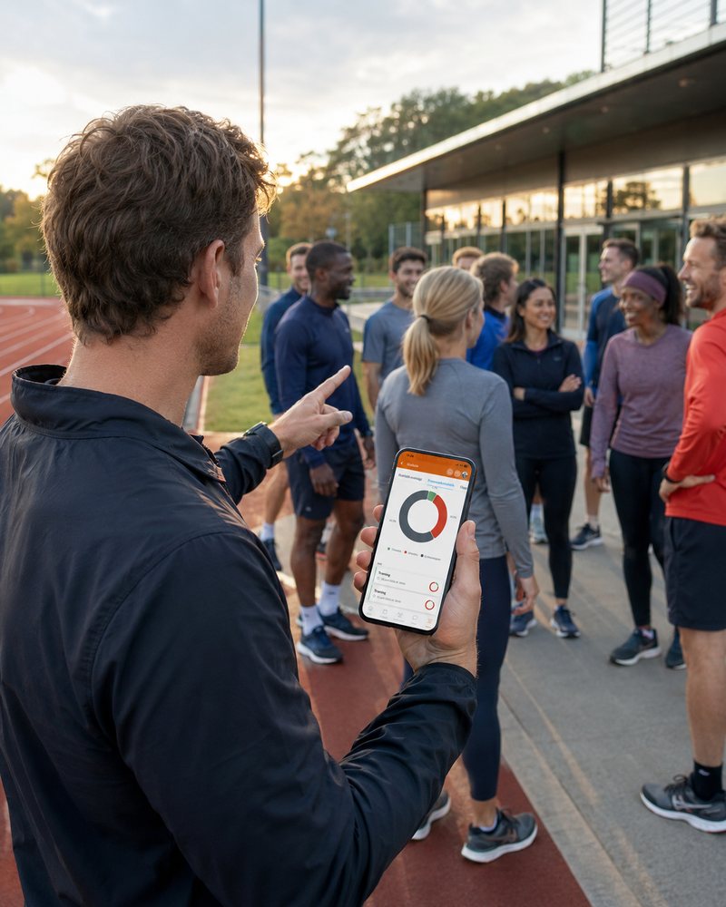 Træner på atletikbanen tjekker holdets fremmøde i Holdsport-appen