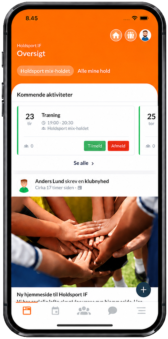 Oversigt i Holdsport-appen med kommende aktiviteter og knapper til tilmelding og afmelding